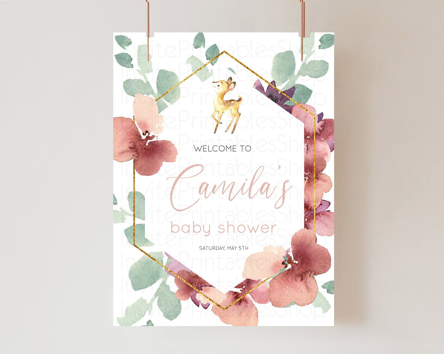 Fawn Baby Shower Welcome Sign Deer Welcome Board Floral Deer Welcome Poster Enchanted Forest Butterfly Pastel Floral Welcome Sign D10915