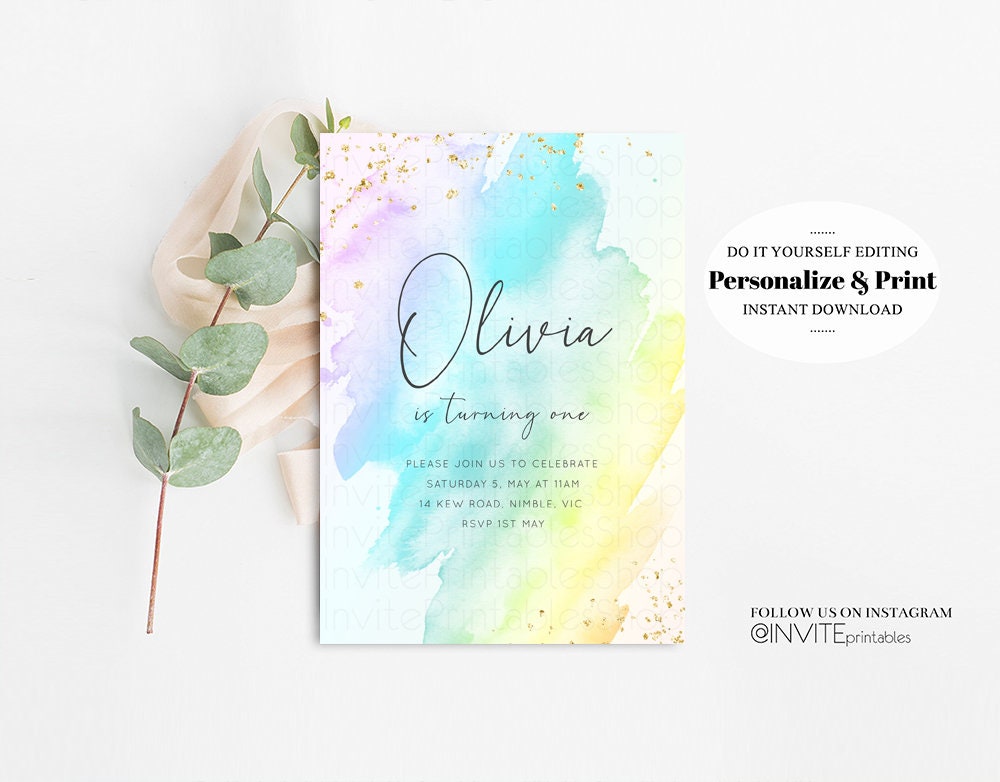 Pastel Rainbow Birthday Invitation Colorful Watercolor Splash Ombre Ink Paint Gold Foil Purple Pink Blue Custom Printable 146