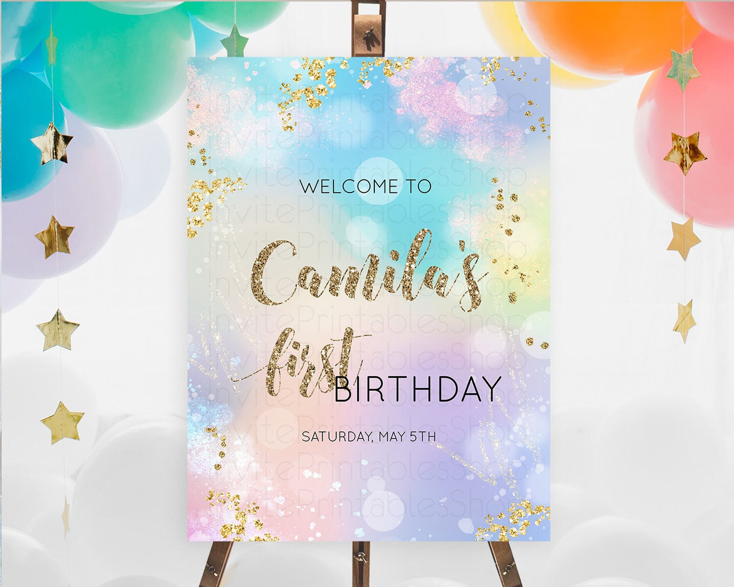 Pastel Welcome Sign Pastel Rainbow Welcome Sign Colorful Rainbow Confetti Watercolor Glitter Pastel First Birthday Welcome Sign D10677