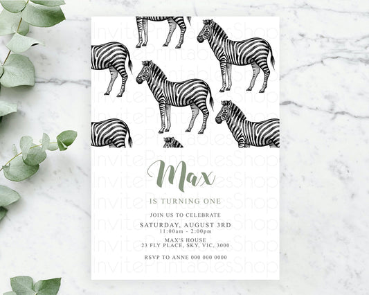 Editable Zebra Birthday Invitation Zebra Invite Jungle Safari invite Waterco