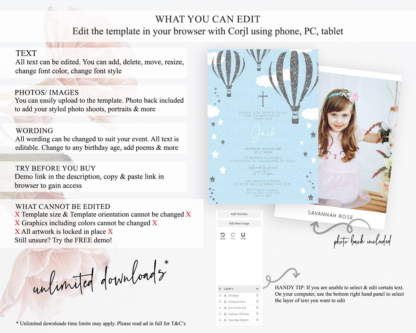 Hot Air Balloon Baptism Invitation Hot Air Balloon Baptism Birthday Invitation Adventure Awaits Up Up Away Glitter Blue Watercolor D10335