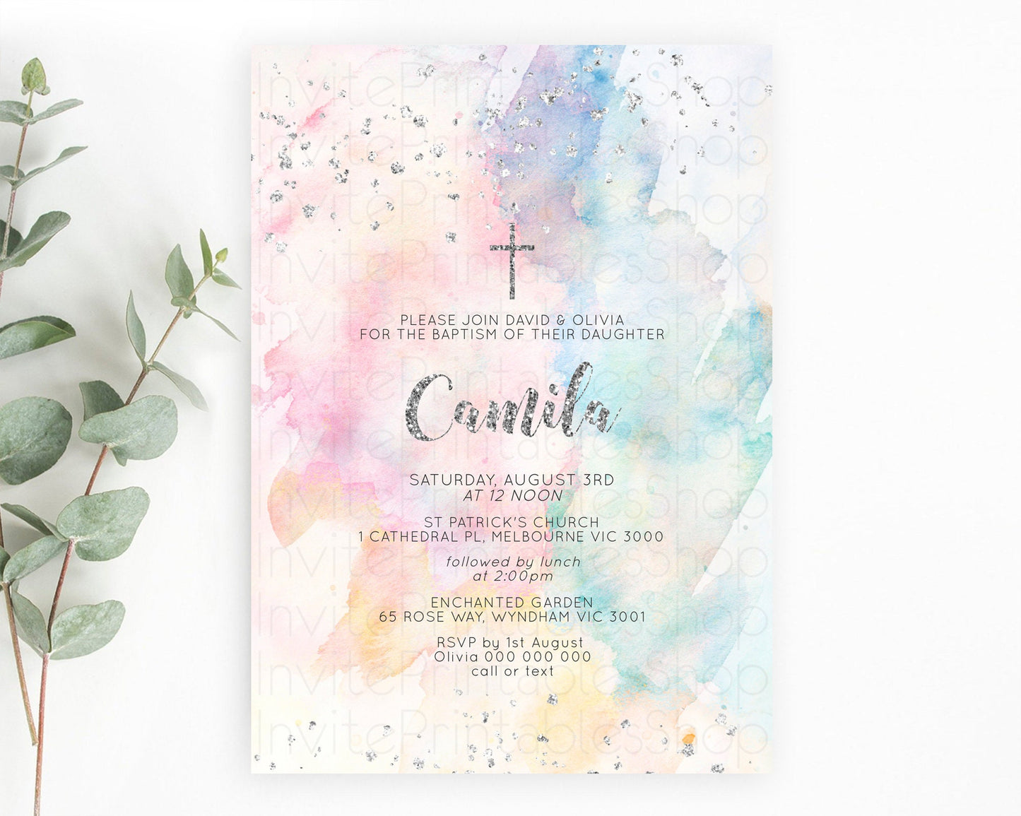 Rainbow Baptism Invitation Colorful Pastel Watercolor Baptism 1st Birthday Invitation Silver Glitter Ombre Christening Invitation D10944