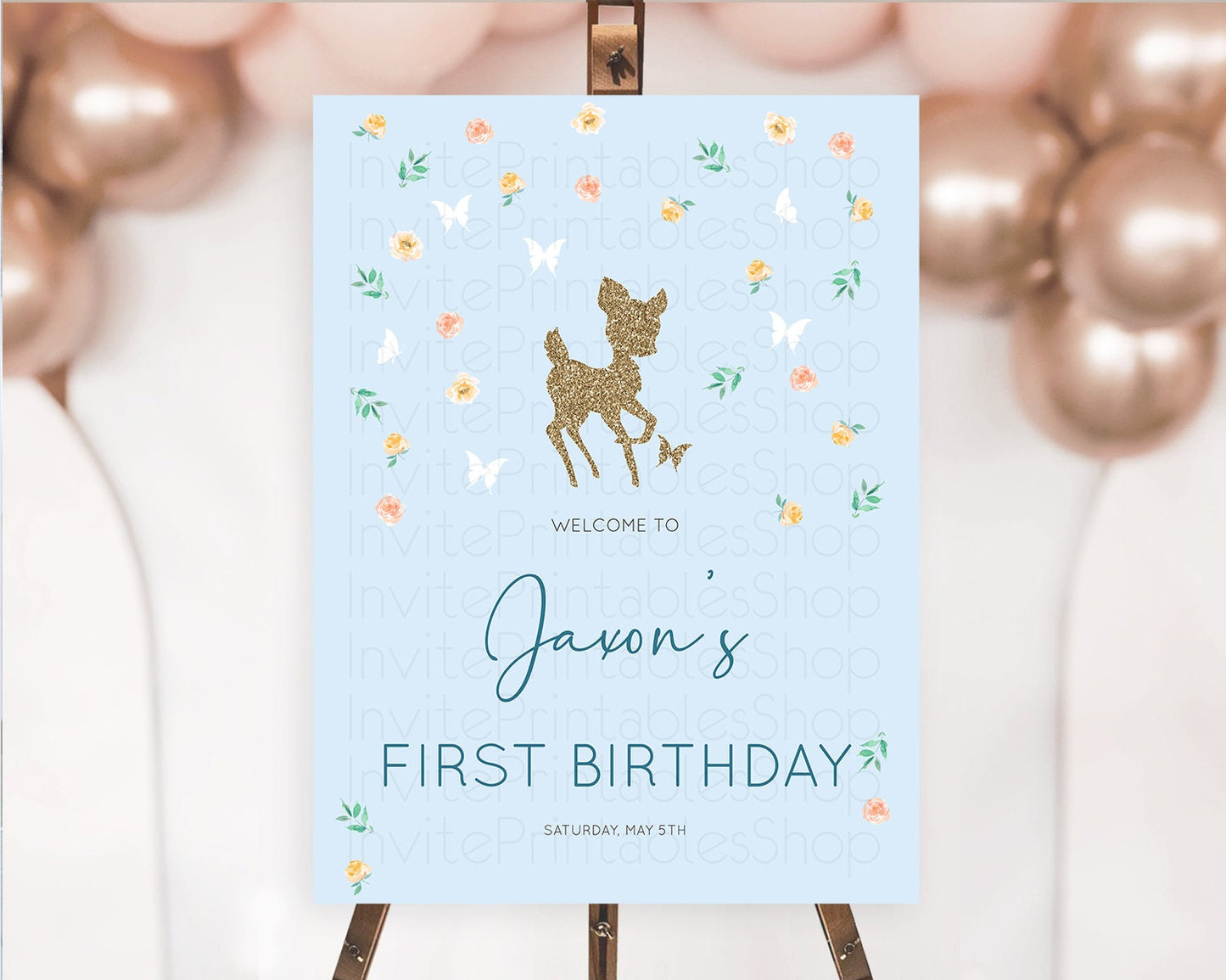 Fawn Welcome Sign Deer Welcome Board Floral Deer Welcome Poster Enchanted Forest Butterfly Pastel Floral First Birthday Welcome Sign D10902