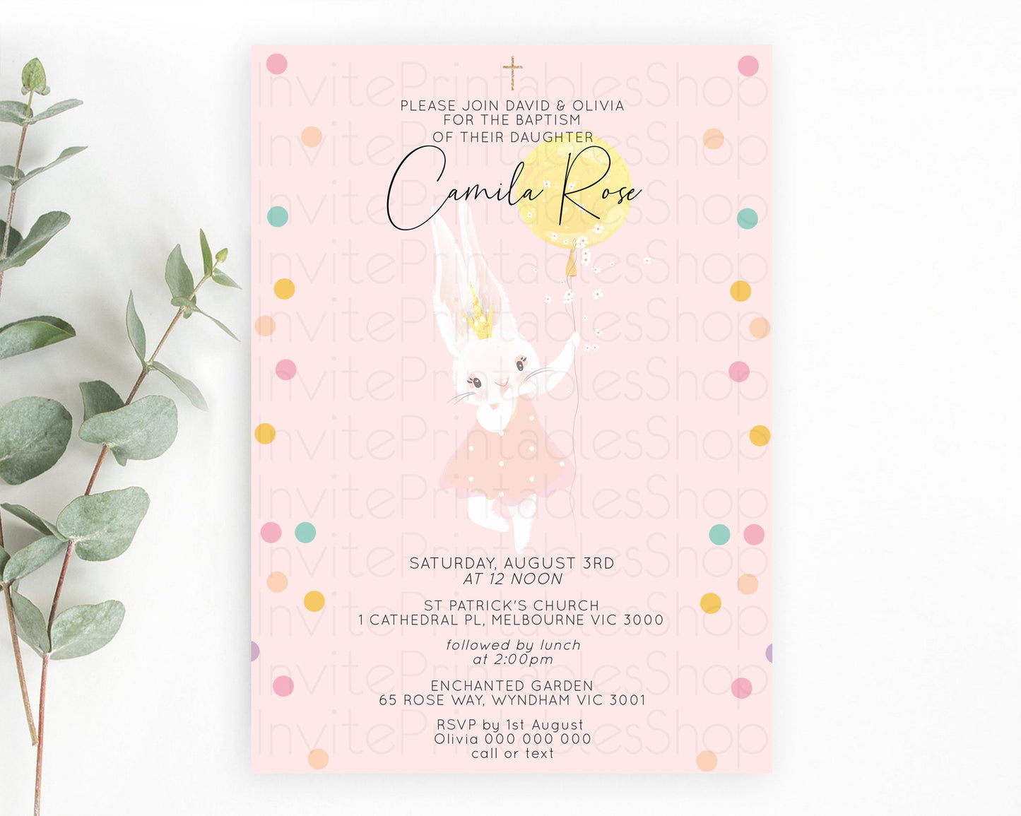 Bunny Baptism Invitation Pastel Bunny Baptism 1st Birthday Invitation Bunny Balloon Christening Invite Pastel Confetti Balloon Bunny D10219