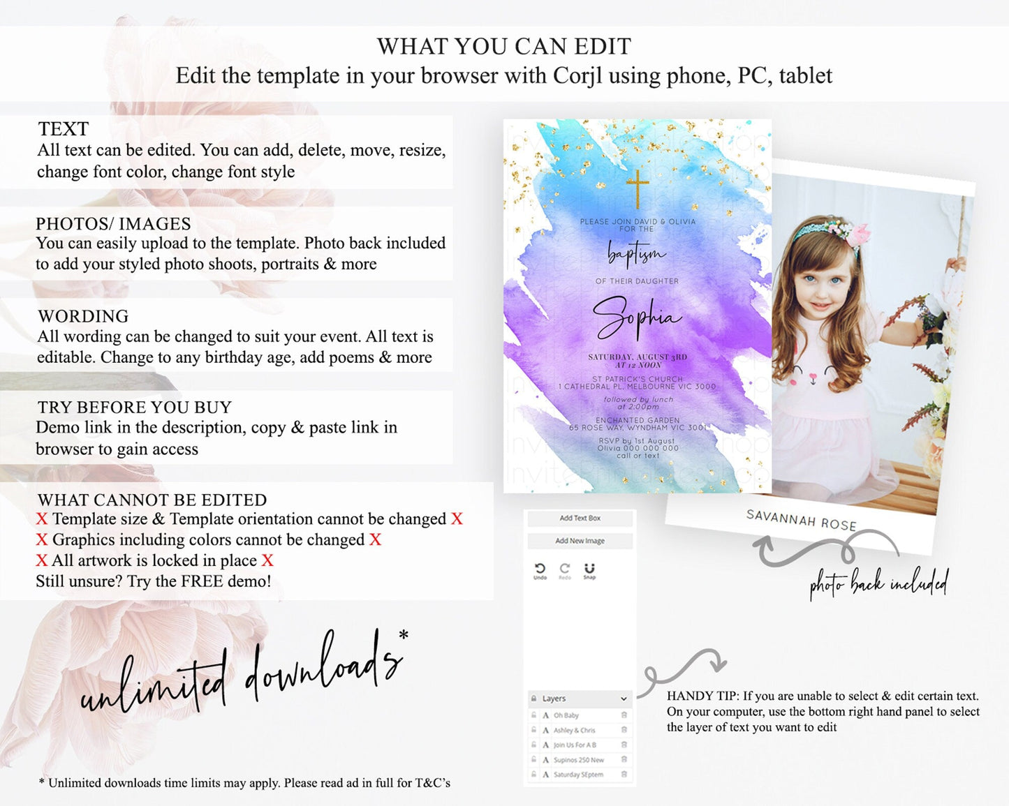 Pastel Baptism Invitation Pastel Colors Watercolor Baptism 1st Birthday Party Gold Ombre Pastel Rainbow Christening Holy Communion D10491