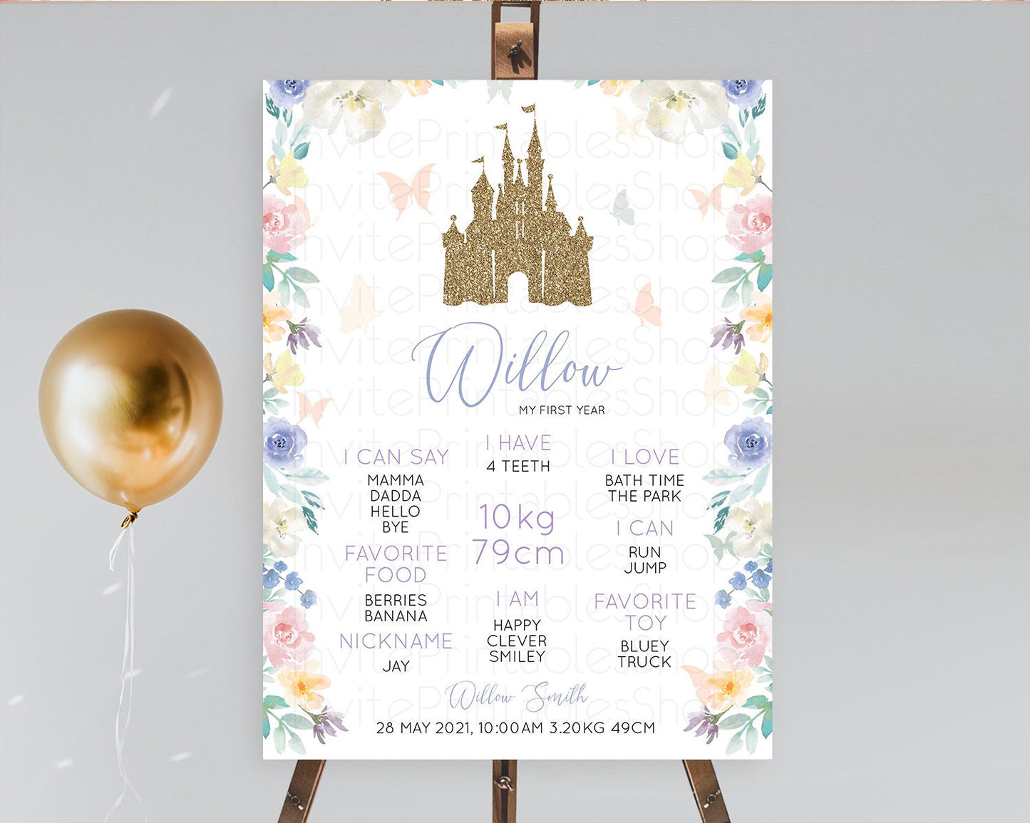 Princess First Birthday Milestone Poster Castle Milestone Board Secret Garden Enchanted Castle Pastel Floral Garden First Birthday D10931