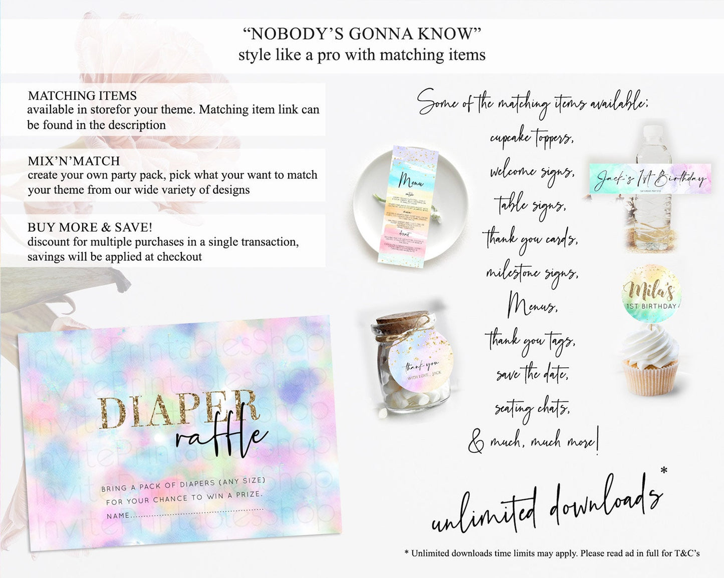 Pastel Diaper Raffle Card Pastel Rainbow Diaper Raffle Insert Colorful Ombre Watercolor Diaper Ticket Confetti Glitter Raffle Game D10694