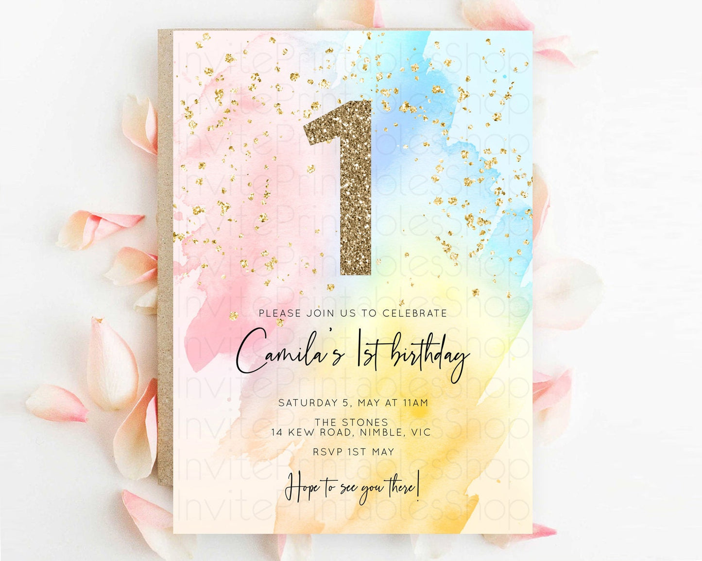 Rainbow Birthday Invitation Colorful Pastel Watercolor Invitation Gold Glitter Sprinkles Ombre Pastel 1st 2nd 3rd Birthday D10557