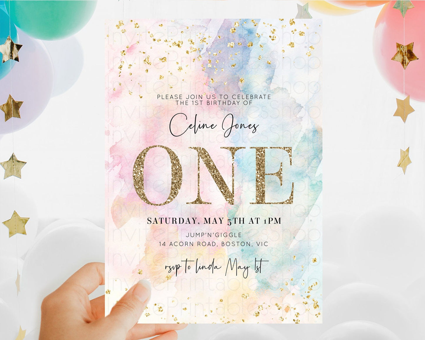 Rainbow Birthday Invitation Colorful Pastel Watercolor Invitation Gold Glitter Sprinkles Ombre Pastel 1st 2nd 3rd Birthday D10263