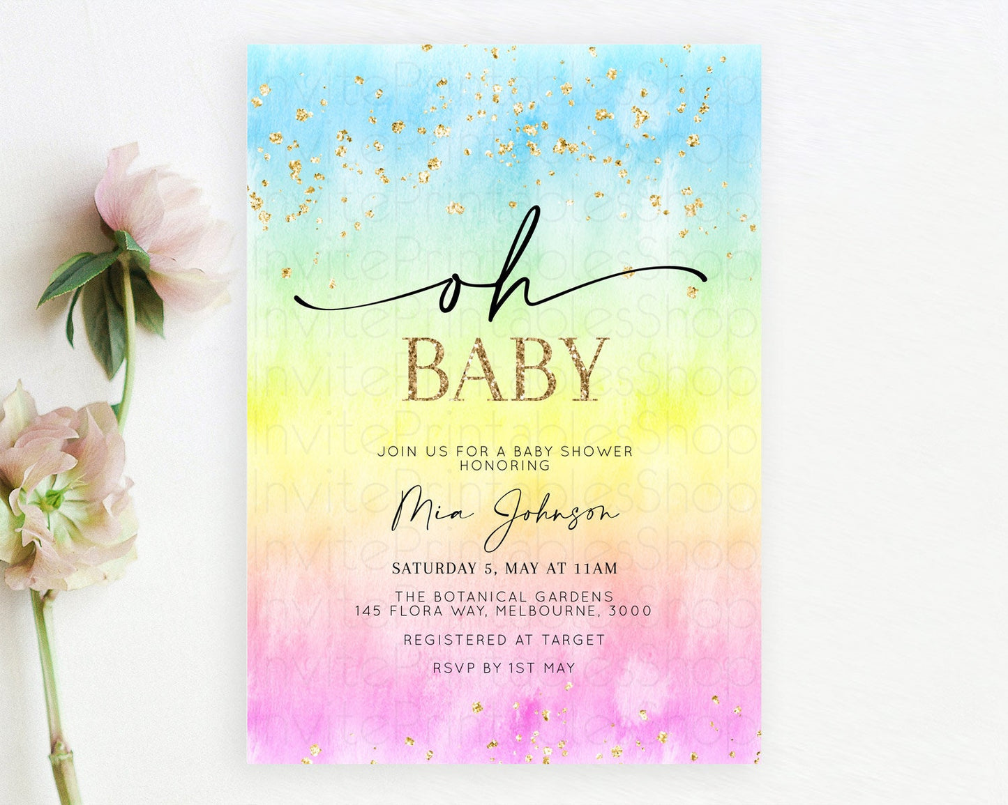 Pastel Baby Shower Invitation Rainbow Baby Shower Invitation Colorful Pastel Watercolor Invitation Gold Glitter Sprinkles Ombre D10483