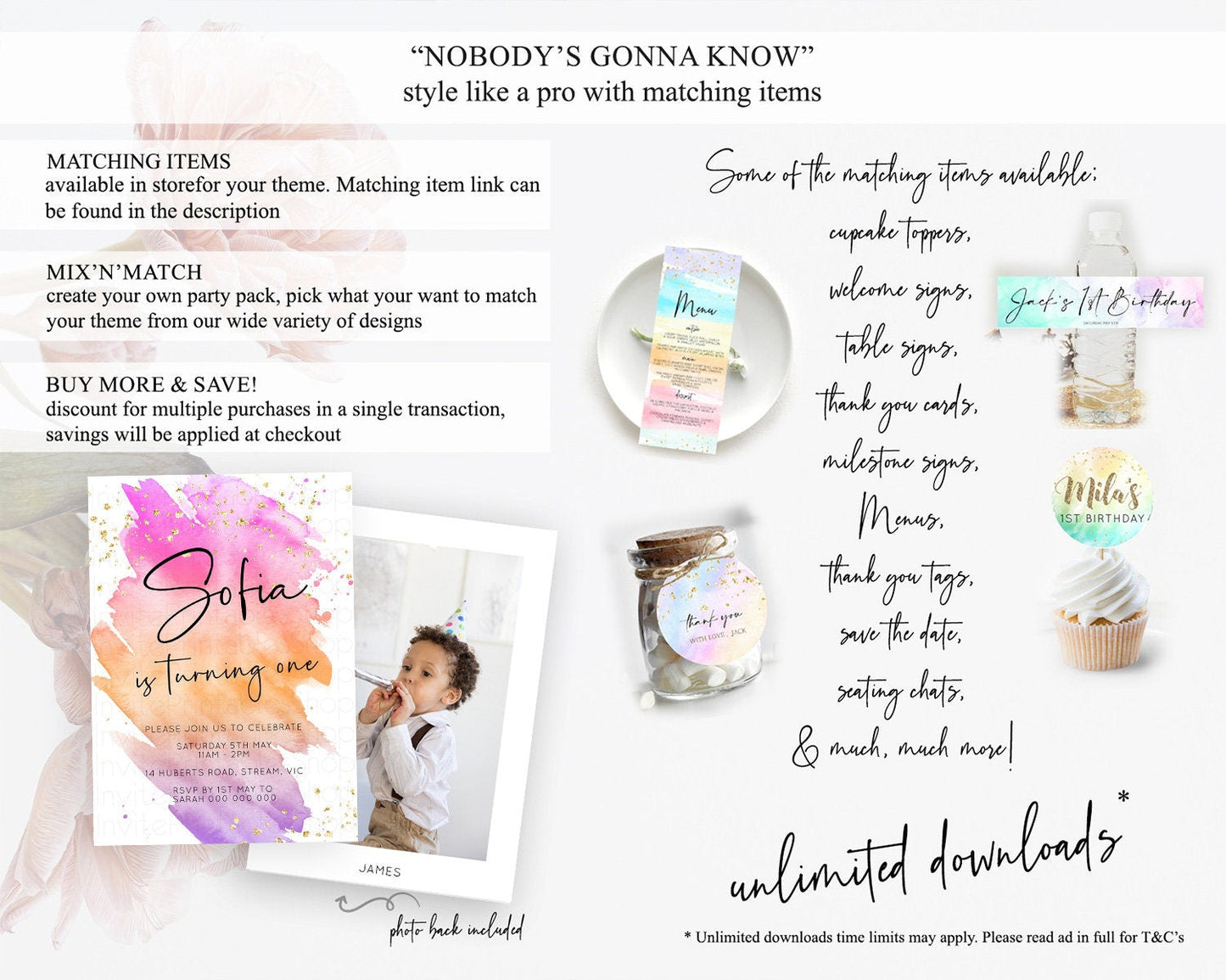 Rainbow Birthday Invitation Colorful Pastel Watercolor Invitation Gold Glitter Sprinkles Ombre Pastel 1st 2nd 3rd Birthday D10488