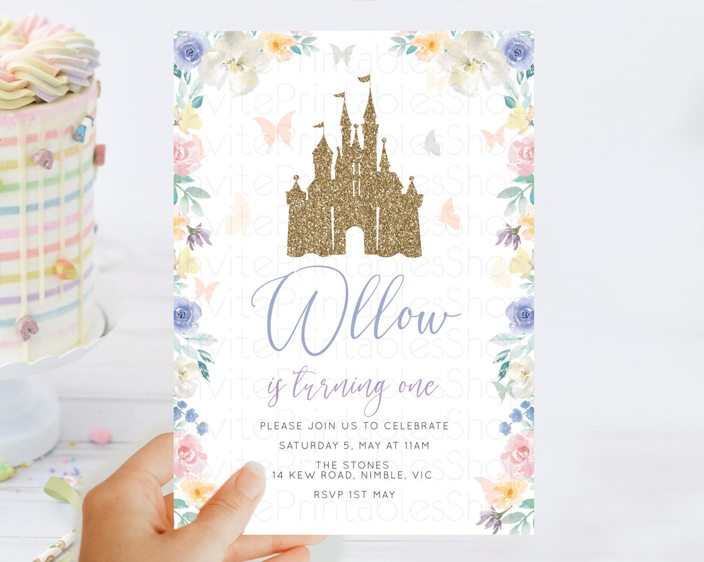 Princess Birthday Invitation Castle Invitation Royal Birthday Fairy Tale Enchanted Castle Pastel Floral Garden 1st First Birthday D10931