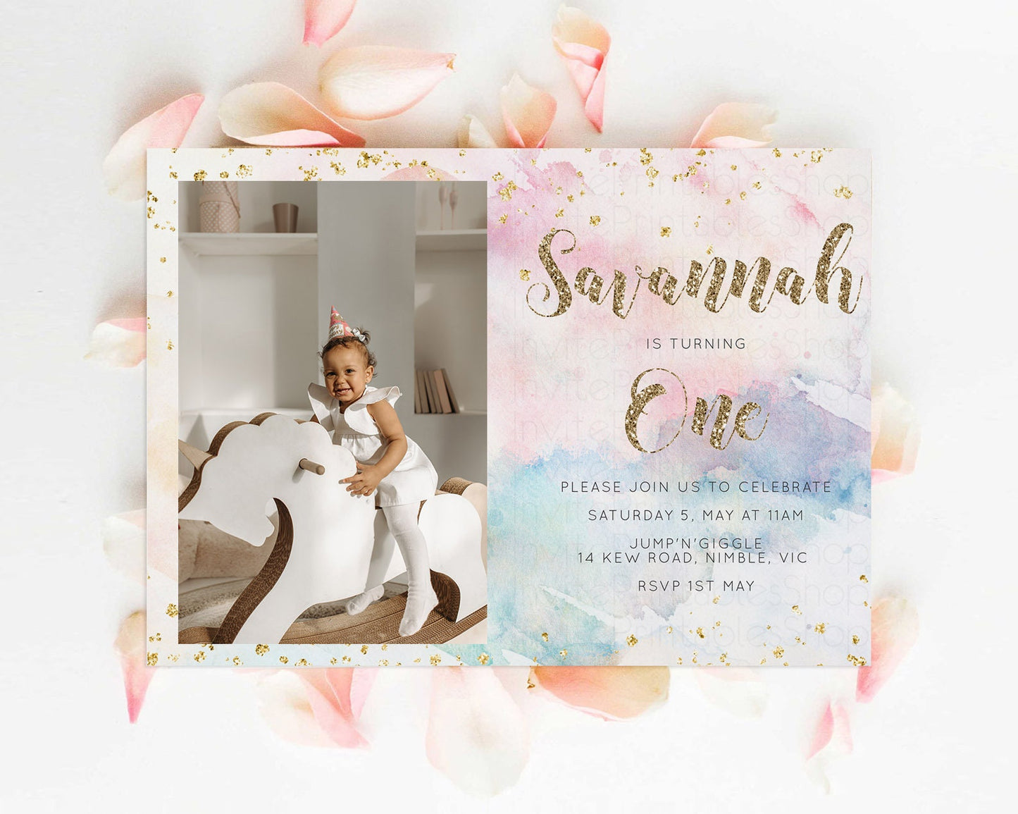 Editable Rainbow Birthday Invitation Glitter Pastel Invitation Watercolor Ph