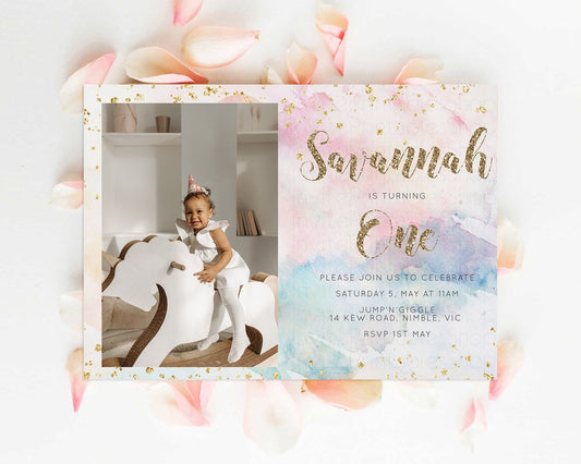 Editable Rainbow Birthday Invitation Glitter Pastel Invitation Watercolor Ph