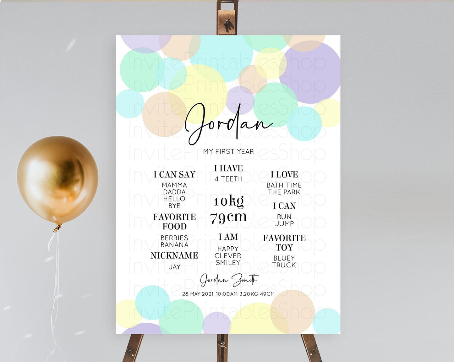 Pastel First Birthday Milestone Poster Pastel Rainbow Confetti First Birthday Milestone Board Colorful Bubbles Birthday Welcome Sign D10414