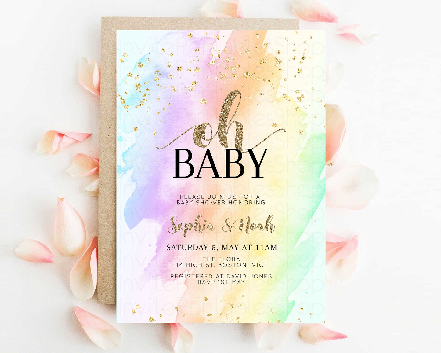 Rainbow Baby Shower Invitation Pastel Watercolor Invitation Ombre Splash Invite Glitter Confetti Sprinkles Colorful Gender Neutral 604v2