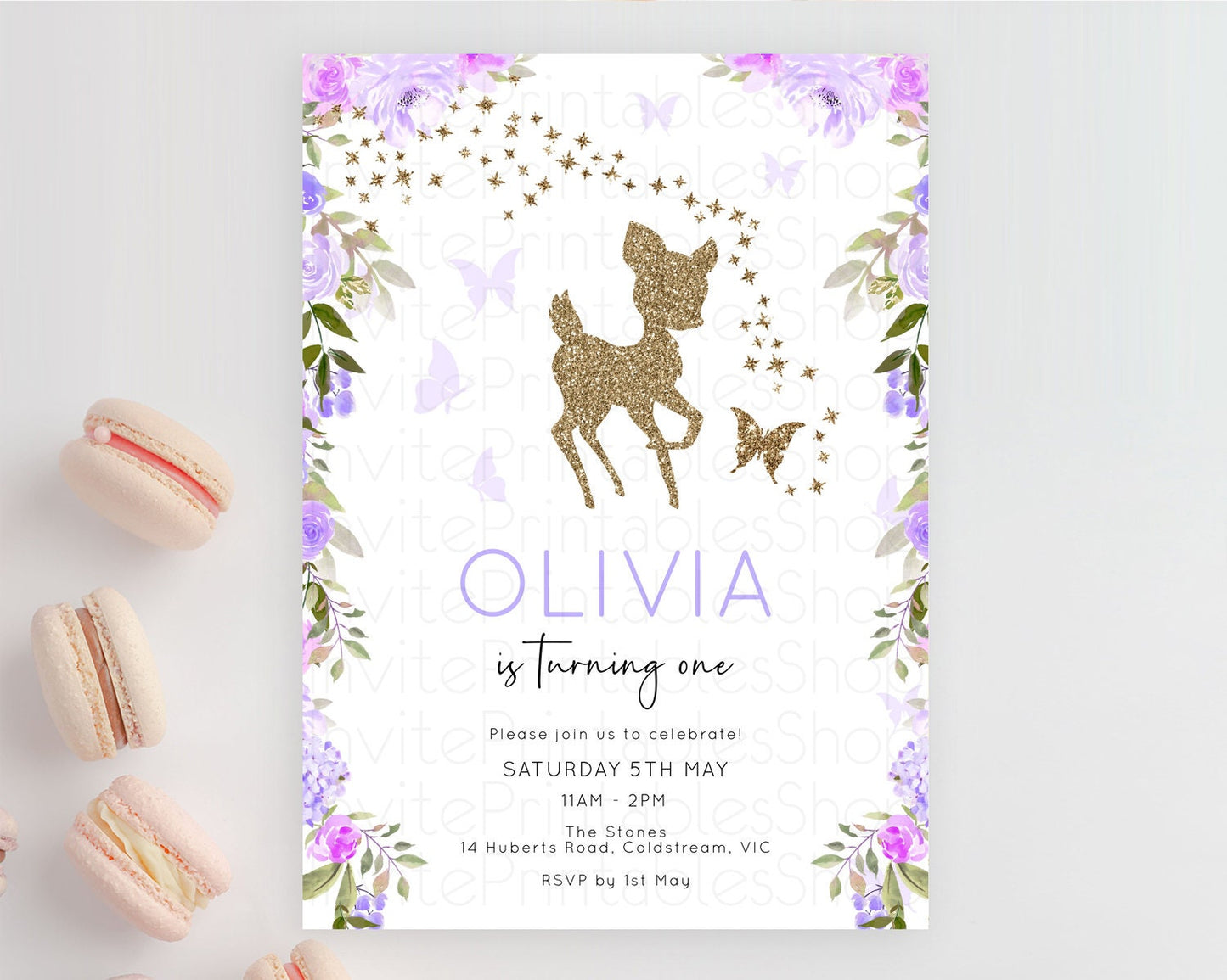 Fawn Birthday Invitation Deer Birthday Invitation Enchanted Forest Party Butterfly Pastel Flowers Whimsical 2nd 1st First Birthday D10914