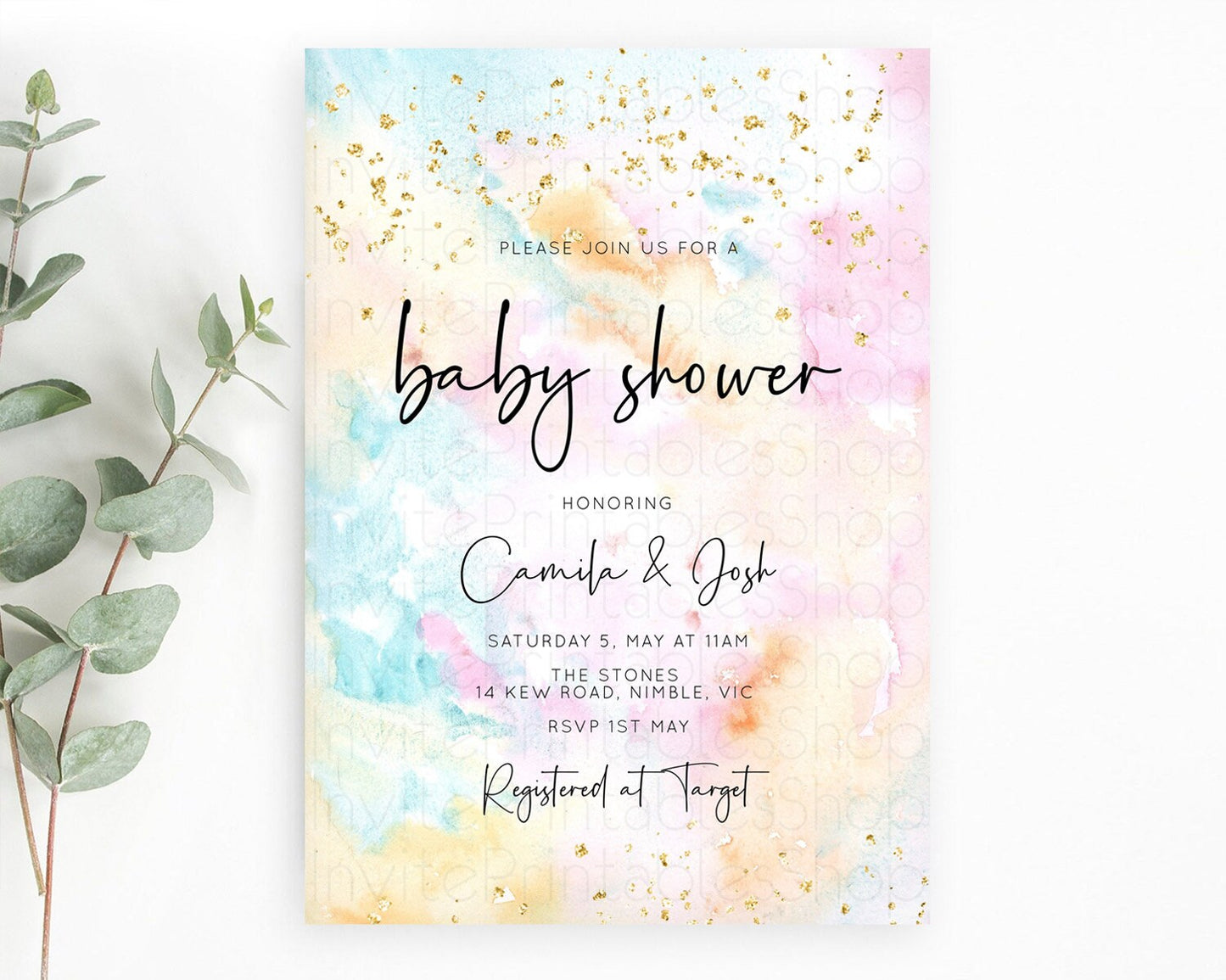 Pastel Baby Shower Invitation Rainbow Baby Shower Invitation Colorful Pastel Watercolor Invitation Gold Glitter Sprinkles Ombre D10548