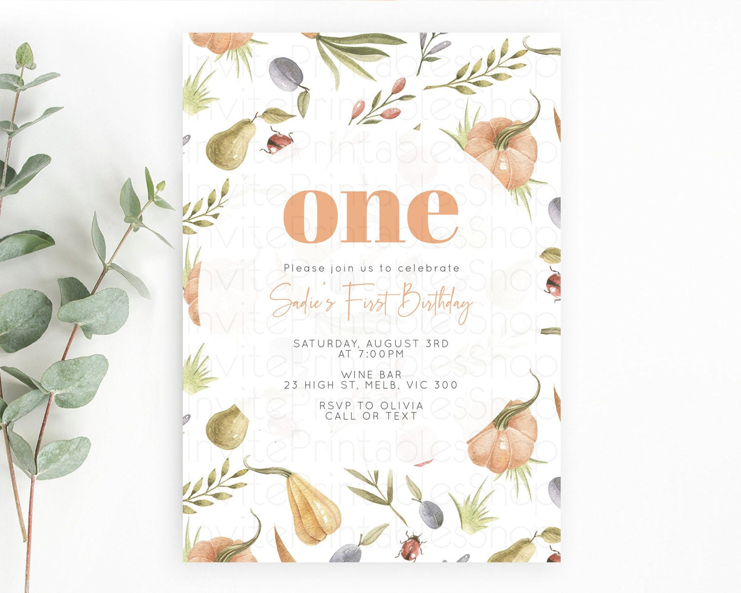 Pumpkin Invitation Pear Invitation Ladybug Invitation Plum Invitation Ladybug Invitation Watercolor Invitation 2nd First Birthday D10543