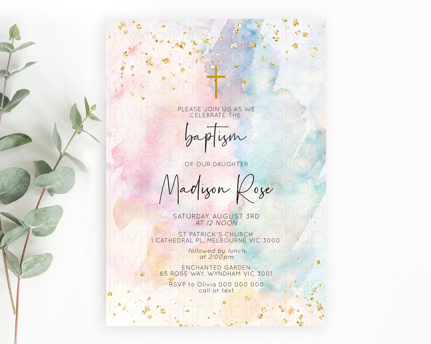 Pastel Baptism Invitation Pastel Colors Watercolor Baptism 1st Birthday Party Gold Ombre Pastel Rainbow Christening Holy Communion D10263