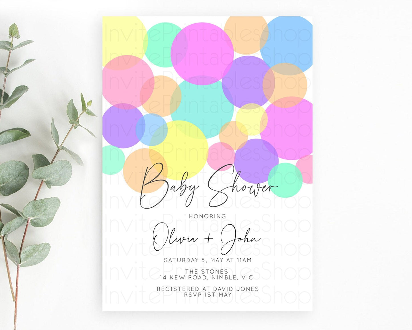 Rainbow Confetti Baby Shower Invitation, Pastel Rainbow Theme Colorful Sprinkles, Bubbles - Purple, Blue, Green, Pink, Orange, Yellow D10888