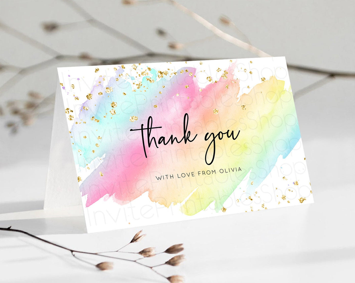 Pastel Thank You Rainbow Thank You Card Colorful Pastel Birthday Thank You Card Confetti Watercolor Pastel Teacher Thank You Cards D10495