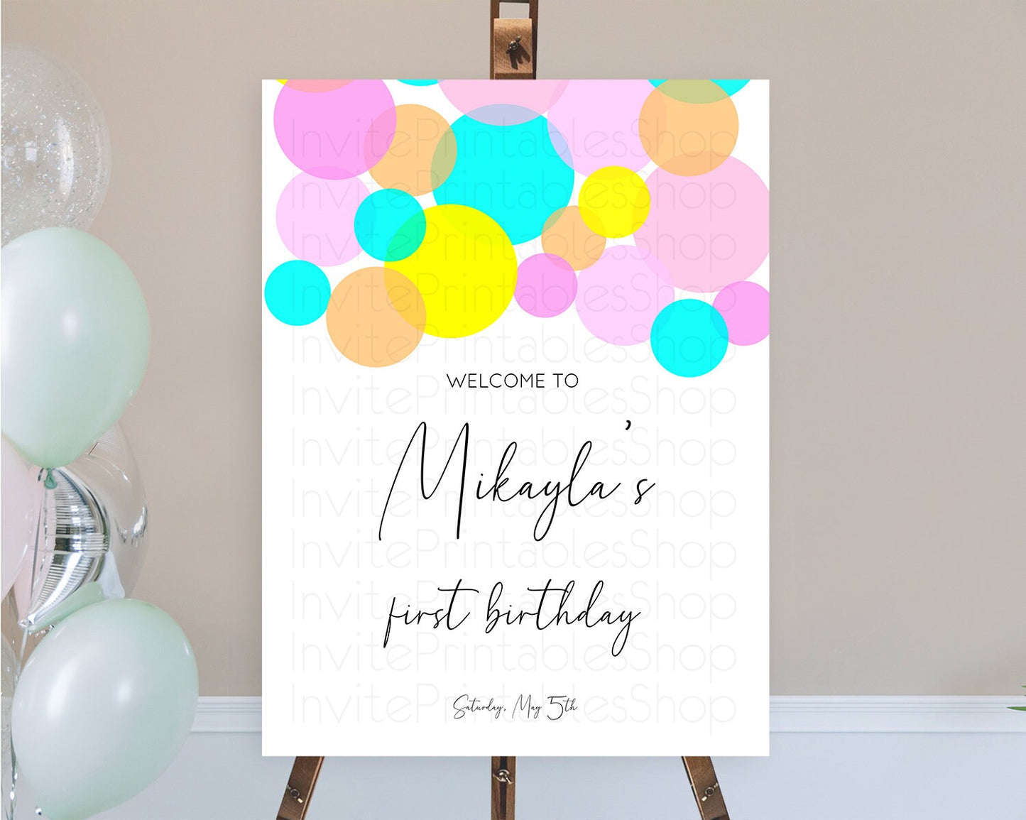 Rainbow Welcome Sign Pastel Welcome Board Pastel Rainbow Confetti Welcome Sign Colorful Bubbles Pastel First Birthday Welcome Sign D10896