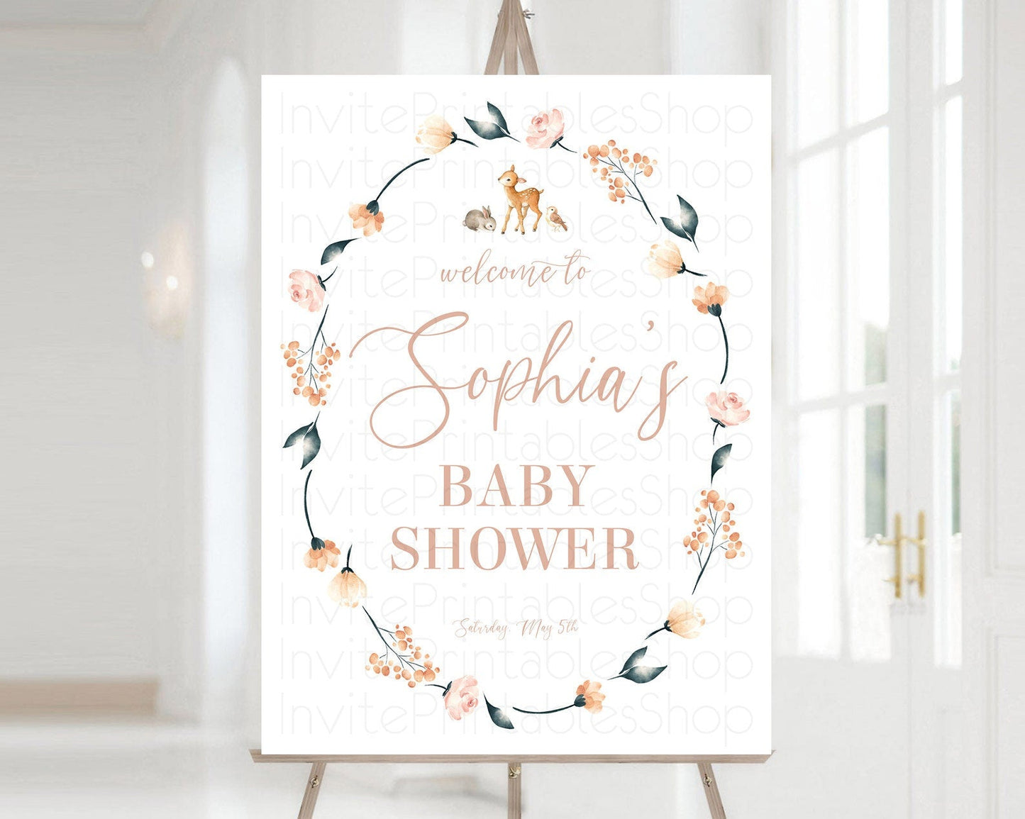 Fawn Baby Shower Welcome Sign Deer Welcome Board Floral Deer Welcome Poster Enchanted Forest Butterfly Pastel Floral Welcome Sign D10241