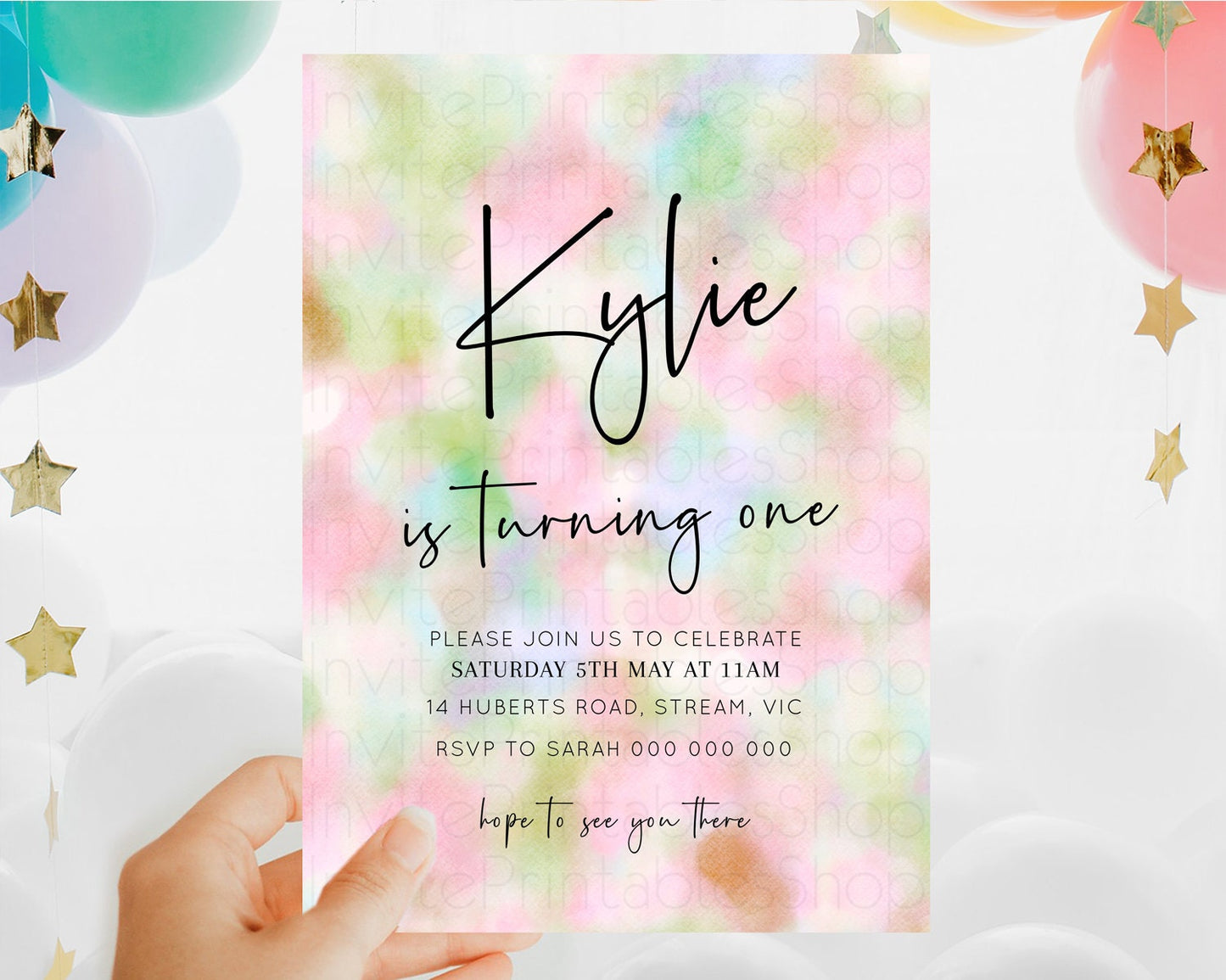 Rainbow Birthday Invitation Colorful Pastel Watercolor Invitation Gold Glitter Sprinkles Ombre Pastel 1st 2nd 3rd Birthday D10698