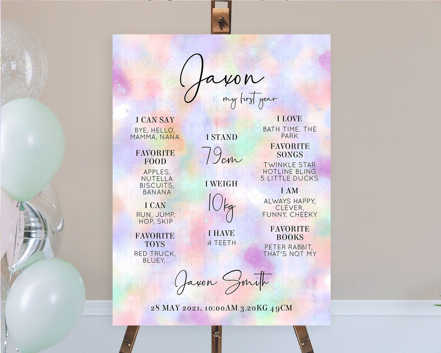 Pastel First Birthday Milestone Board Pastel Rainbow Milestone Poster Colorful Confetti Watercolor Glitter 1st Birthday Welcome Sign D10697