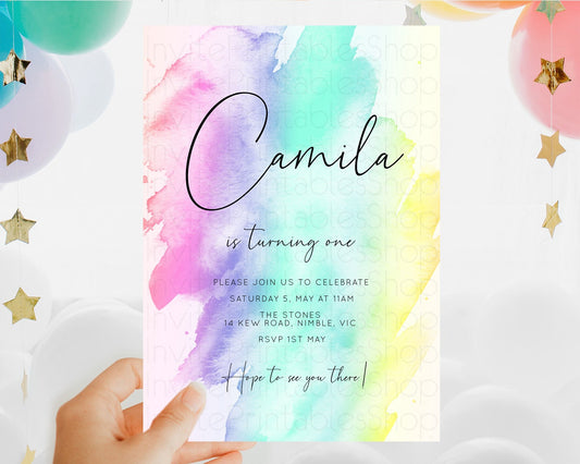 Editable Rainbow Birthday Invitation Colorful Pastel Watercolor Invitation G