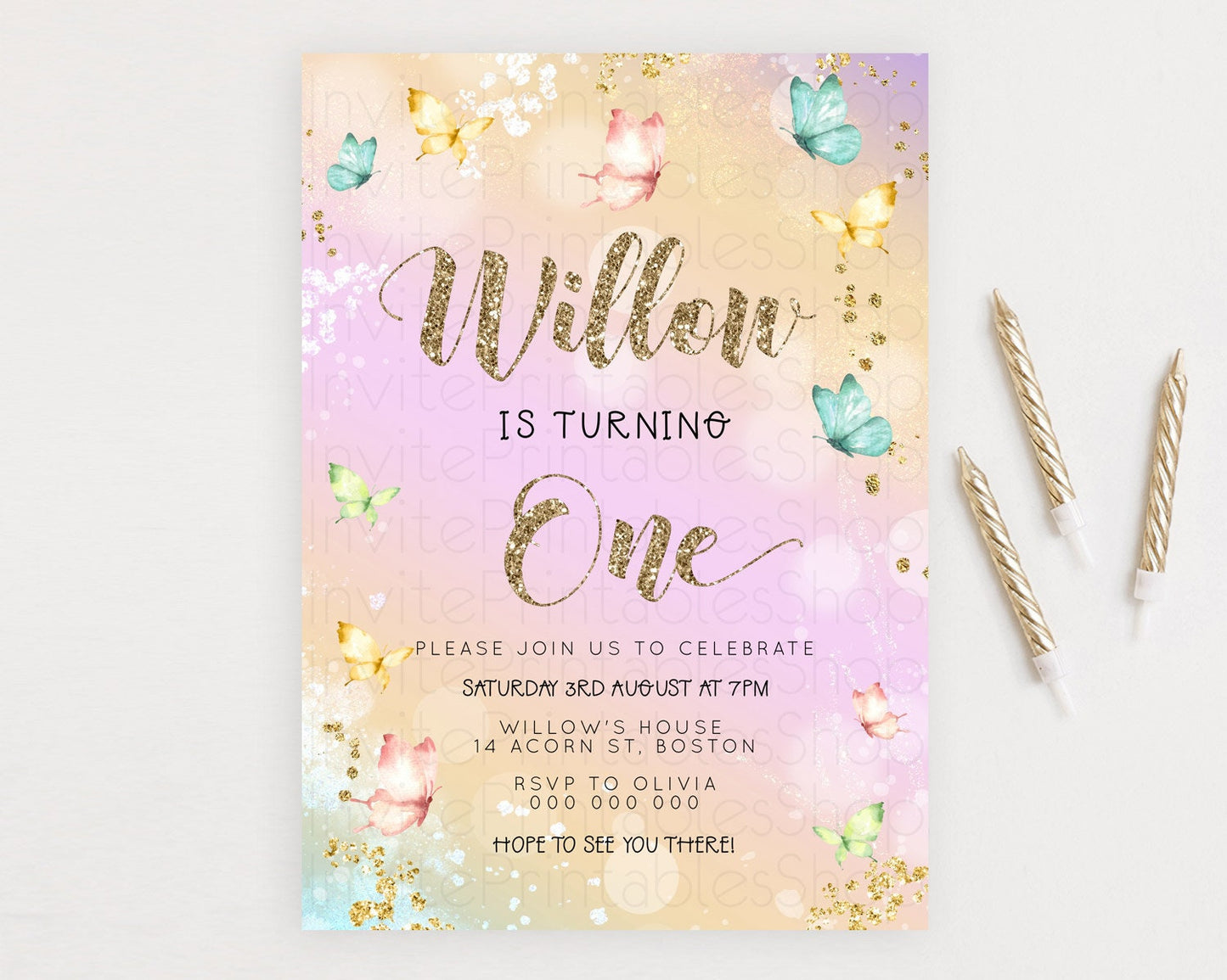 Pastel Butterfly Birthday Invitation Butterfly Birthday Invitation Colorful Splash Glitter Butterfly Garden 1st 2nd Birthday D23086