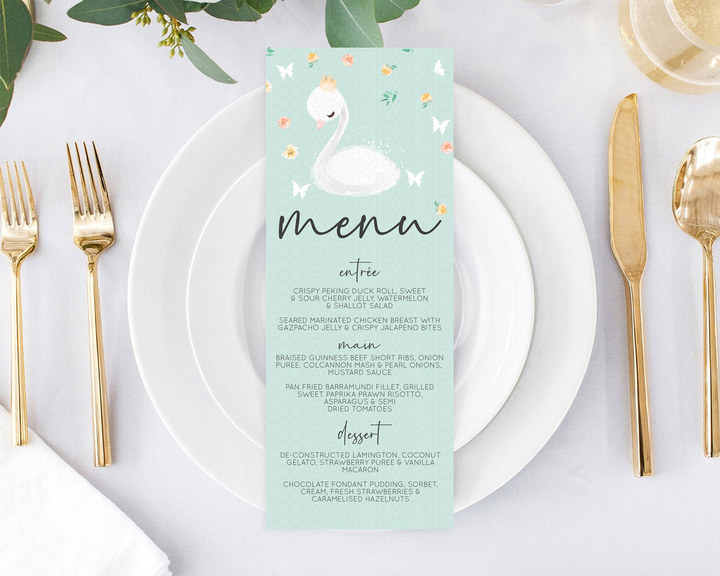 Swan Menu Swan Princess Ballet Menu Template Enchanted Swan Lake Table Decor Secret Garden Pastel Floral Dinner Dessert Food Menu  D10905