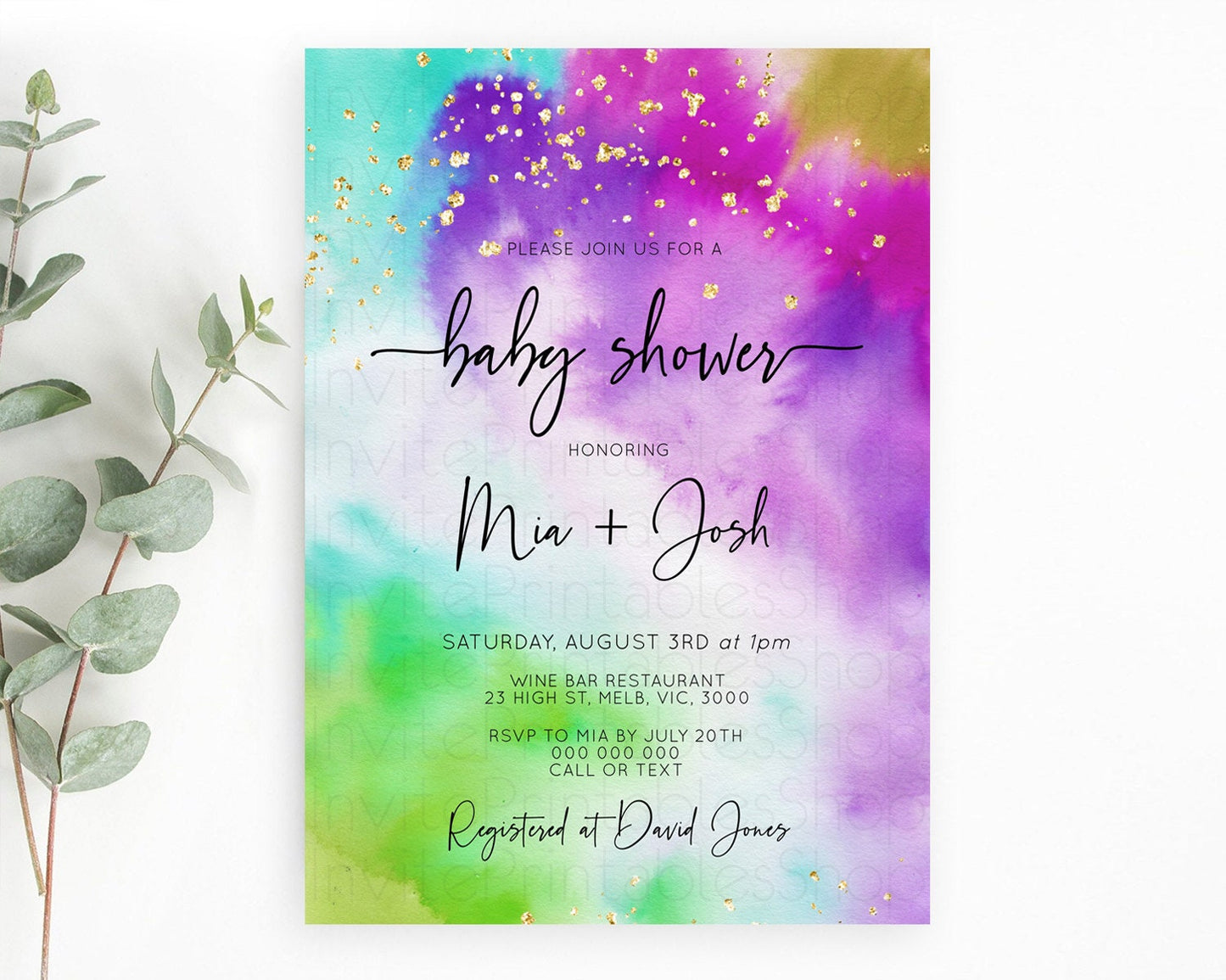 Pastel Baby Shower Invitation Rainbow Baby Shower Invitation Colorful Pastel Watercolor Invitation Gold Glitter Sprinkles Ombre D10536