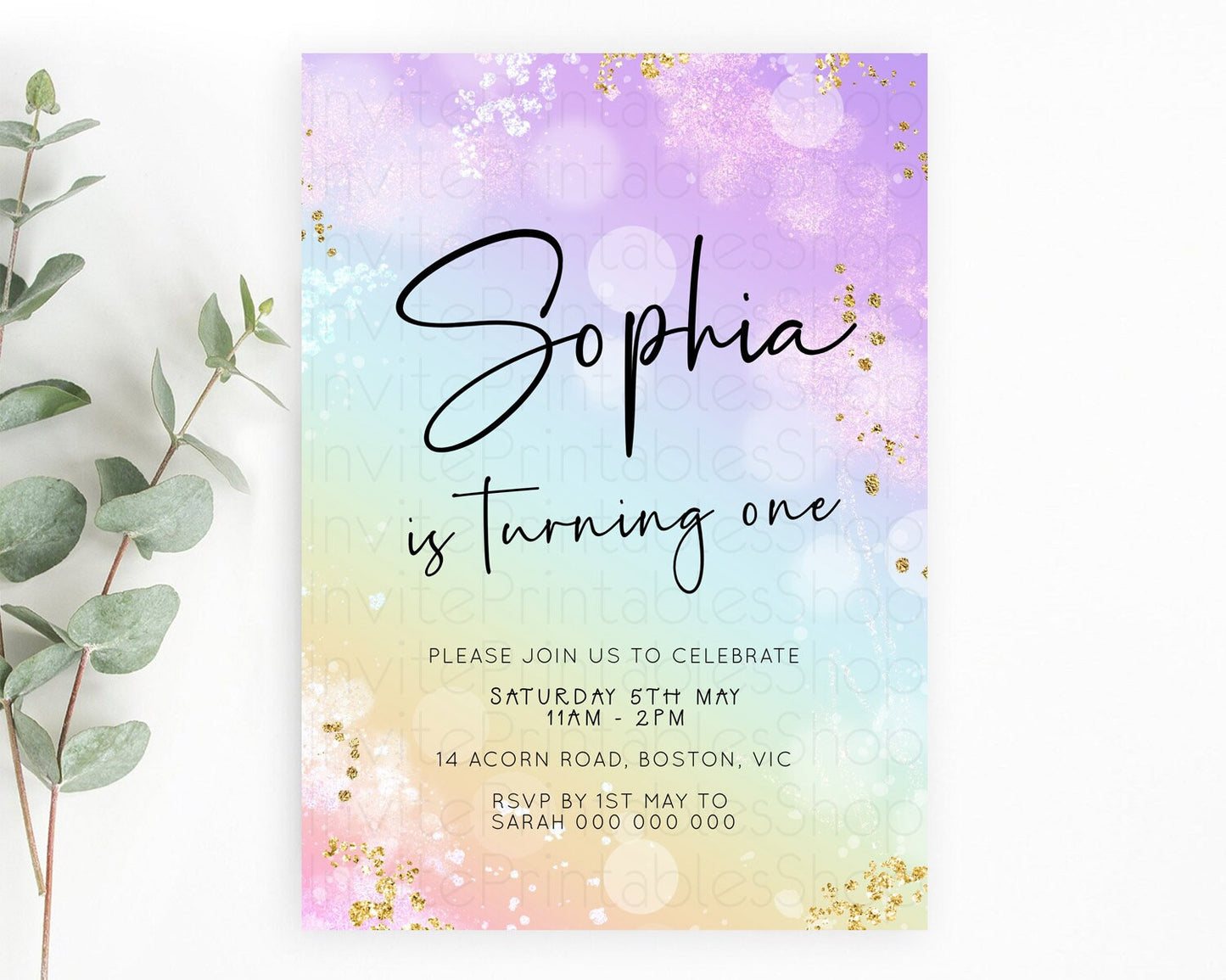 Pastel Birthday Invitation Ombre Watercolor Birthday Invitation Glitter Rainbow Color Splash 1st 2nd 3rd Birthday Invitation D23107