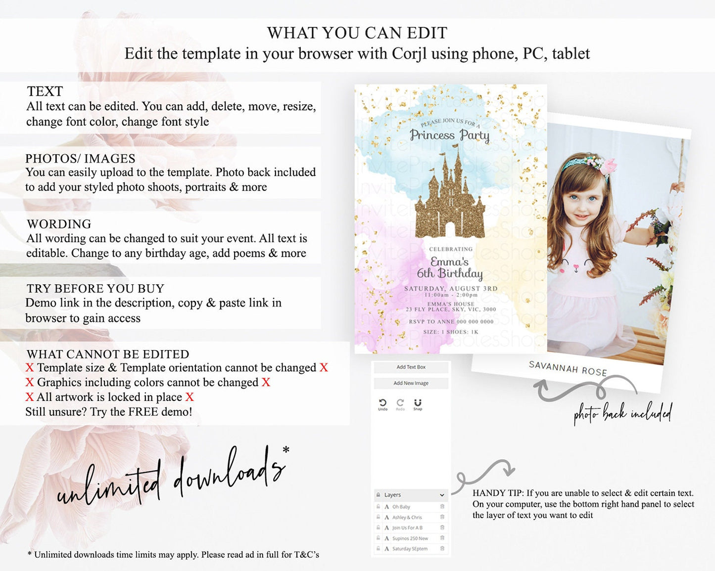 Princess Birthday Invitation Princess Invitation Pastel Invitation Royal Birthday Rainbow Color Enchanted Castle 1st First Birthday D10154