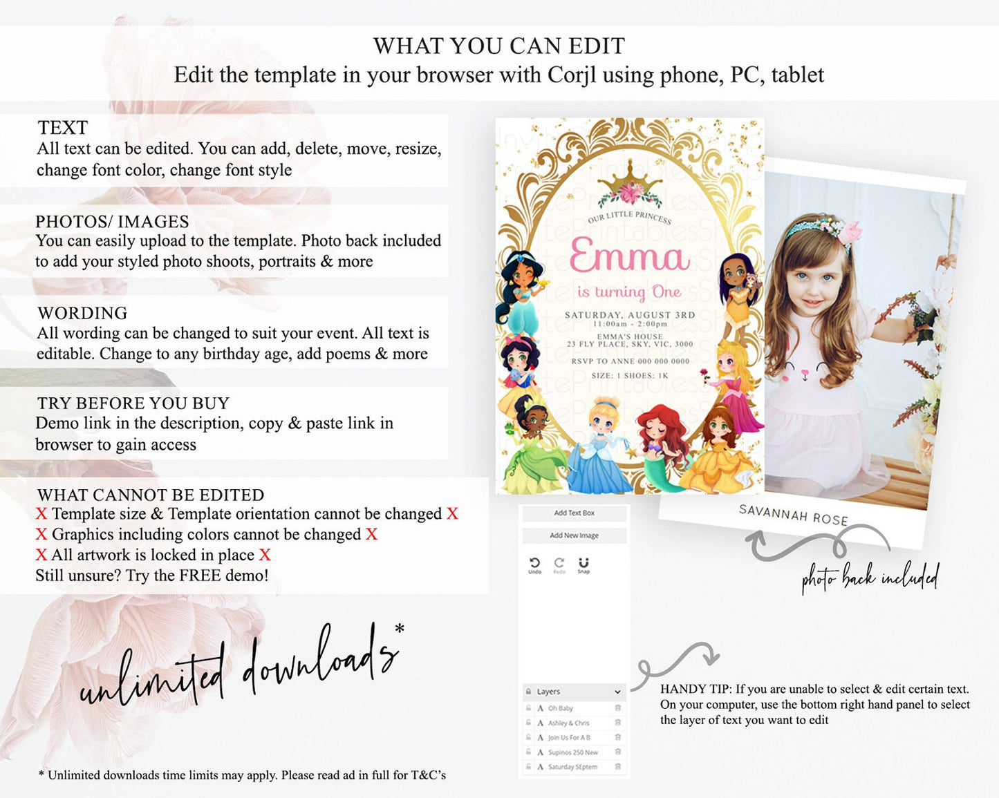 Princess Birthday Invitation Castle Invitation Royal Birthday Fairy Tale Enchanted Mirror Pastel Floral Garden 1st First Birthday D10152