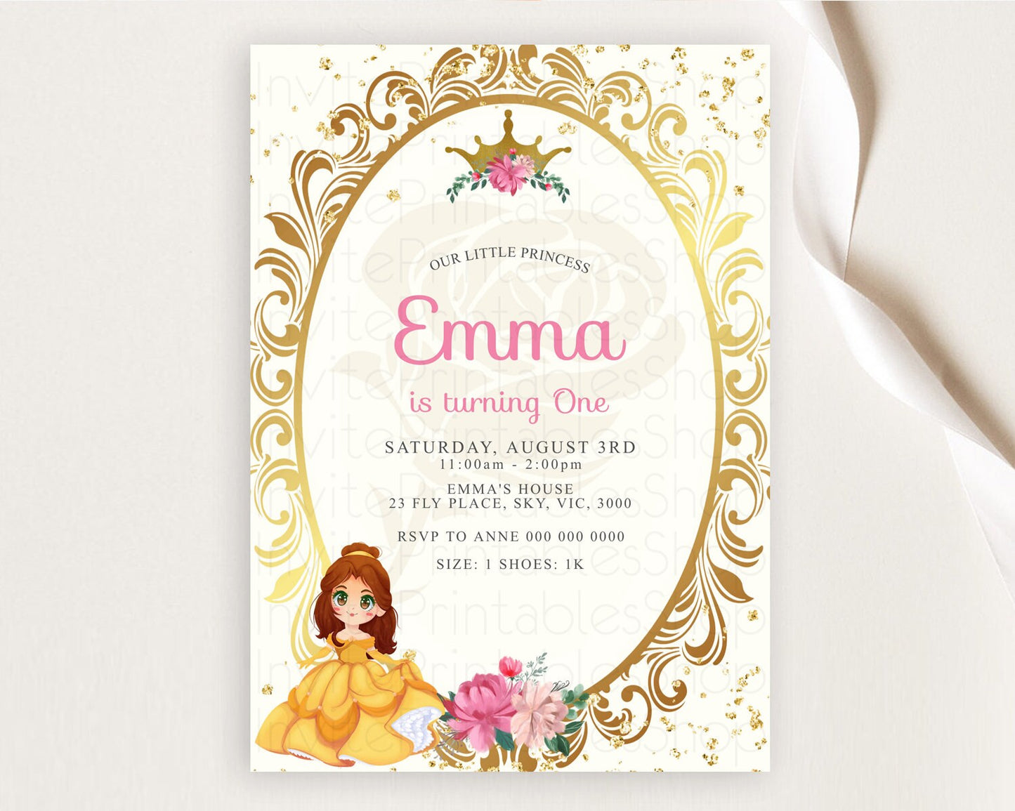 Princess Birthday Invitation Castle Invitation Royal Birthday Fairy Tale Enchanted Mirror Pastel Floral Garden 1st First Birthday D10125