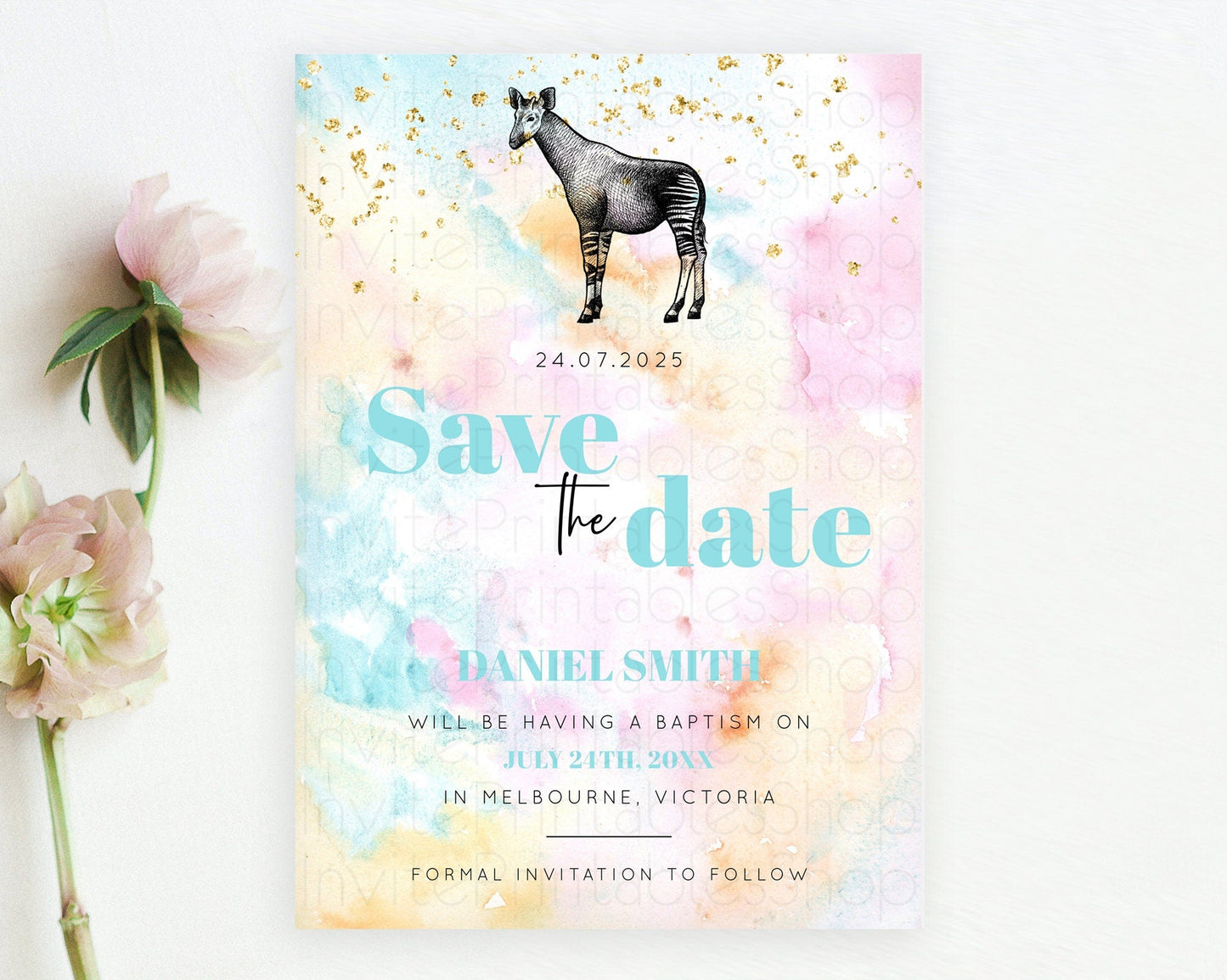 Pastel Okapi Save The Date Template Rainbow Watercolor Okapi Party Save The Date Colorful Okapi Theme Birthday Baptism Baby Shower D10282