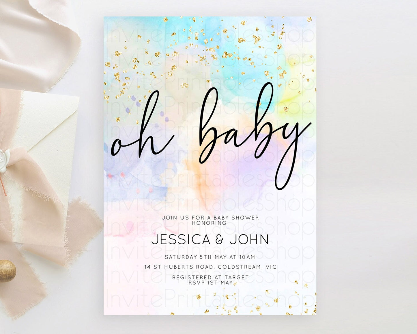 Pastel Baby Shower Invitation Rainbow Baby Shower Invitation Colorful Pastel Watercolor Invitation Gold Glitter Sprinkles Ombre D10769