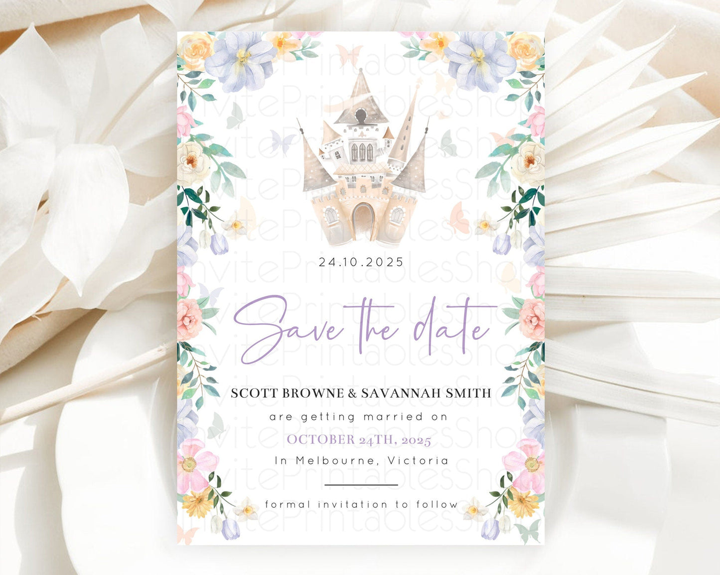 Princess Save The Date Template Secret Garden Enchanted Castle Pastel Floral Royal Party For 1st Birthday Baptism Baby Shower D10473