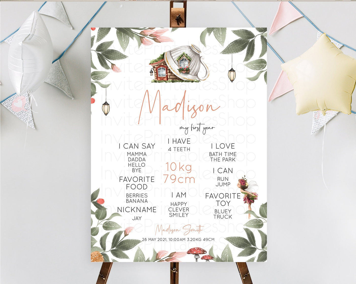 Fairy First Birthday Milestone Poster Fairy Secret Garden Milestone Board Enchanted Garden Pastel Floral Butterfly 1st Birthday Sign D10851