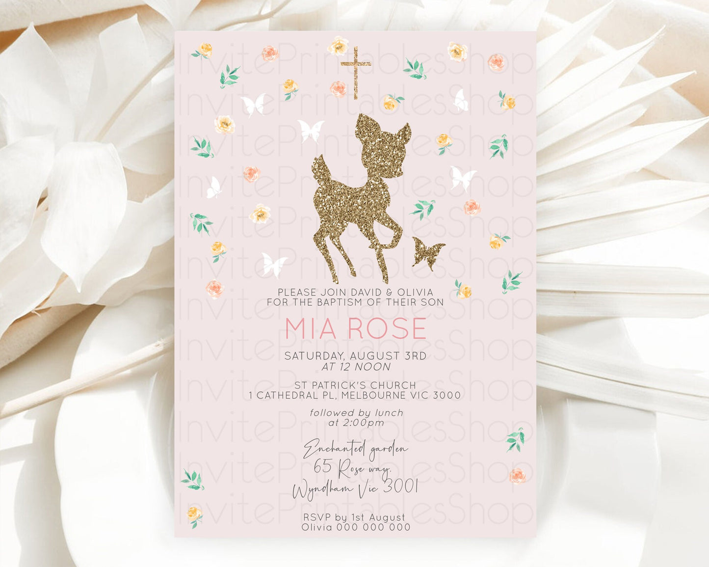 Fawn Baptism Invitation Deer Baptism 1st Birthday Invitation Enchanted Forest Christening Invitation Pastel Garden Butterfly Floral D10386