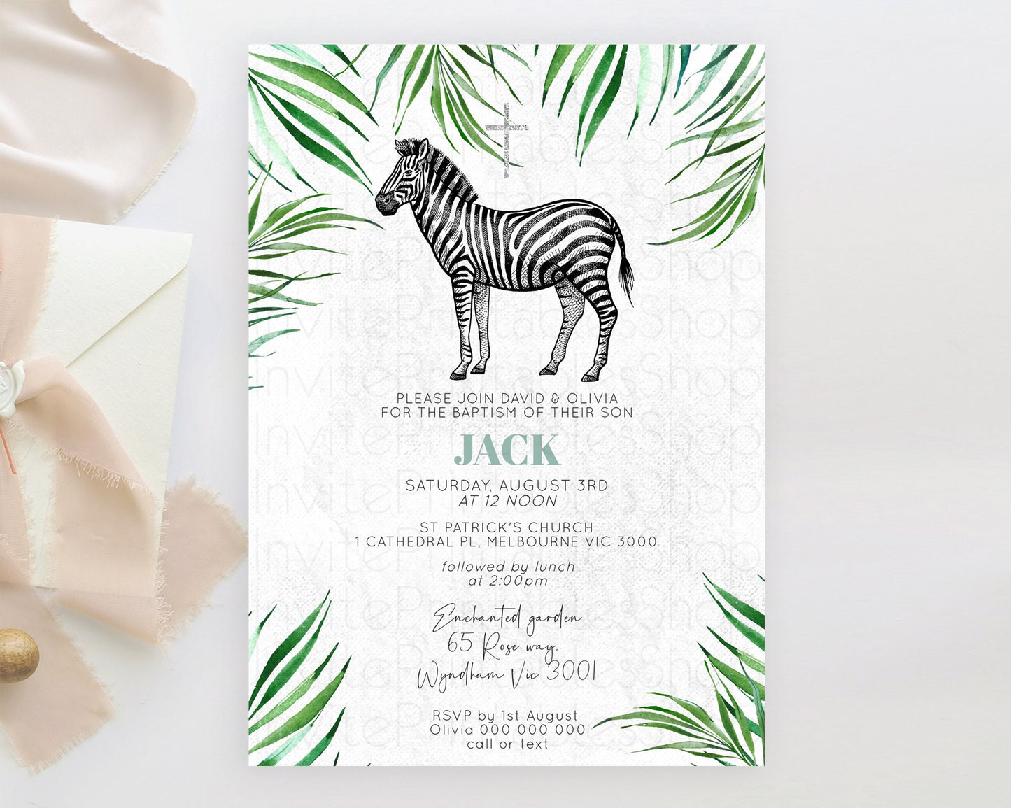 Zebra Baptism Invitation Zebra Baptism 1st Birthday Invitation Jungle Safari Christening Invite Watercolor Tropical Zoo Adventure D10844