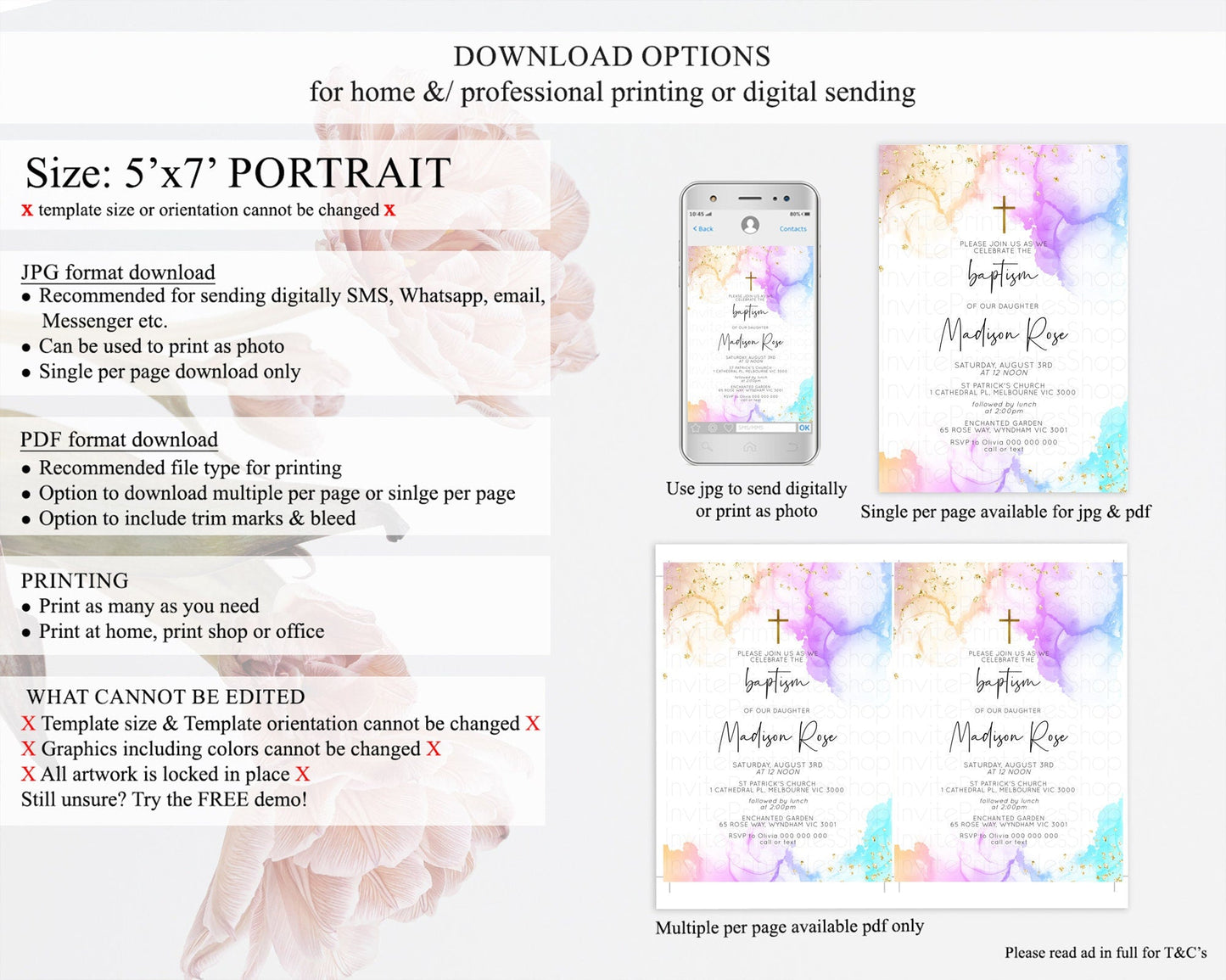 Pastel Baptism Invitation Pastel Colors Watercolor Baptism 1st Birthday Party Gold Ombre Pastel Rainbow Christening Holy Communion D10180