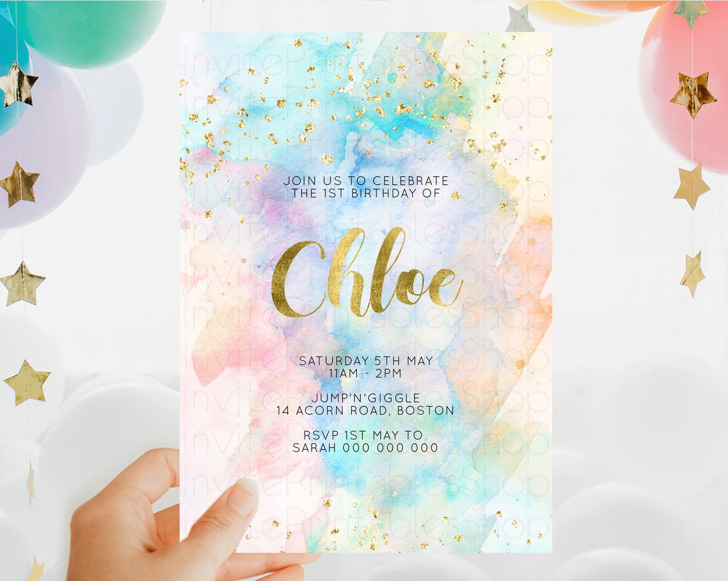 Rainbow Birthday Invitation Colorful Pastel Watercolor Invitation Gold Glitter Sprinkles Ombre Pastel 1st 2nd 3rd Birthday D10272