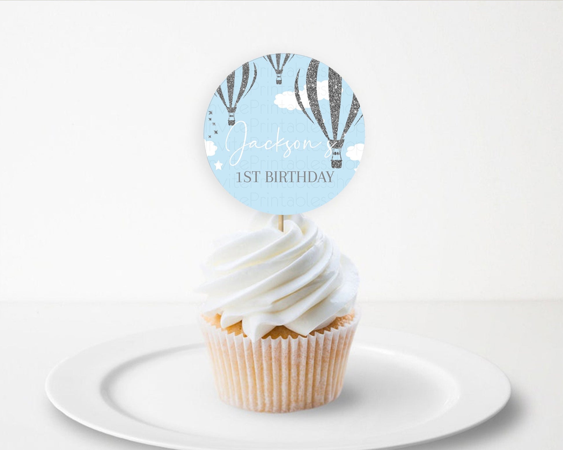 Editable Hot Air Balloon Cupcake Toppers Adventure Awaits Up & Away Glitter