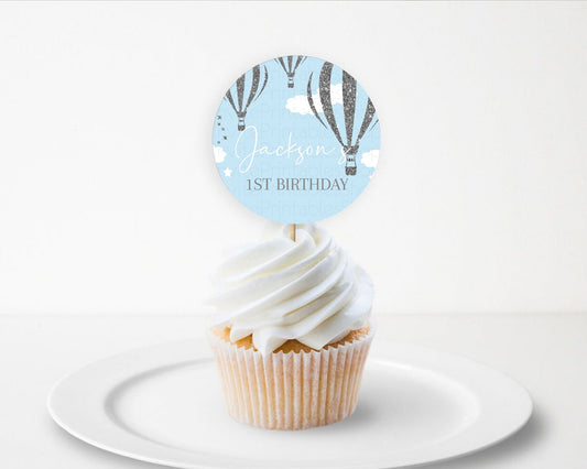 Editable Hot Air Balloon Cupcake Toppers Adventure Awaits Up & Away Glitter