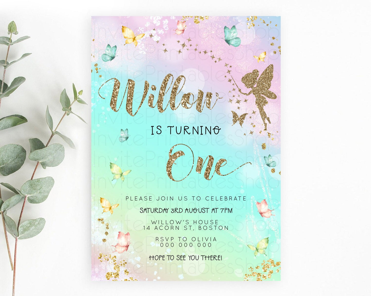 Pastel Fairy Birthday Invitation Pastel Butterflies Fairy Birthday Invitation Rainbow Ombre Watercolor 1st 2nd Birthday Invitation D23151