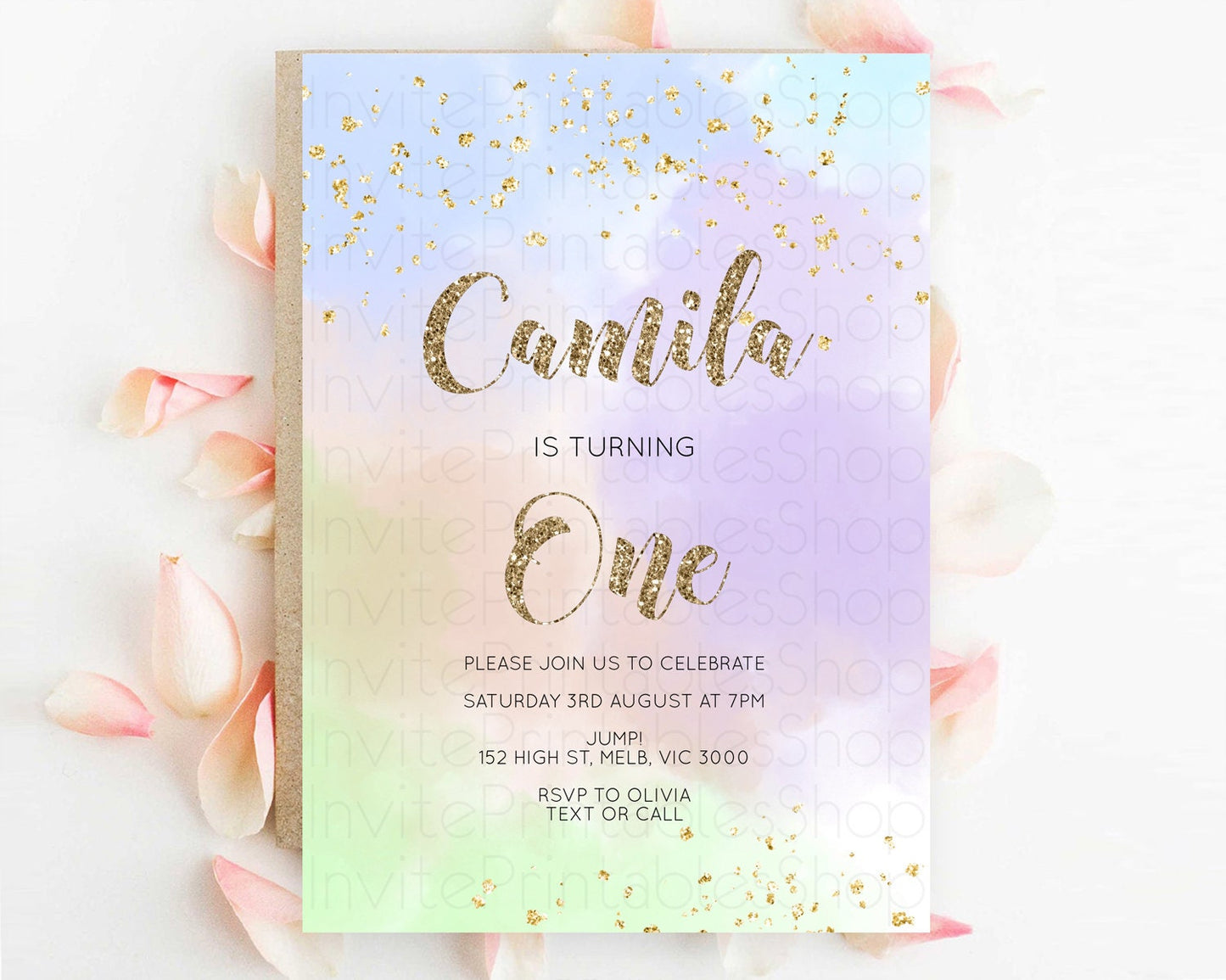 Rainbow Birthday Invitation Colorful Pastel Watercolor Invitation Gold Glitter Sprinkles Ombre Pastel 1st 2nd 3rd Birthday D10372